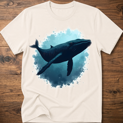 White T-shirt with dark whale and blue splatter design