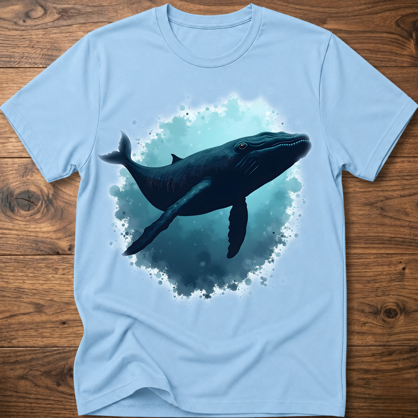 Light blue T-shirt with dark whale graphic and blue splatter
