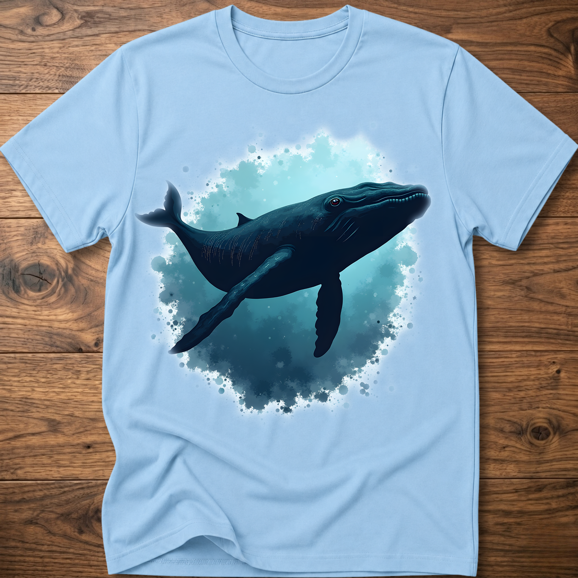 Light blue T-shirt with dark whale graphic and blue splatter
