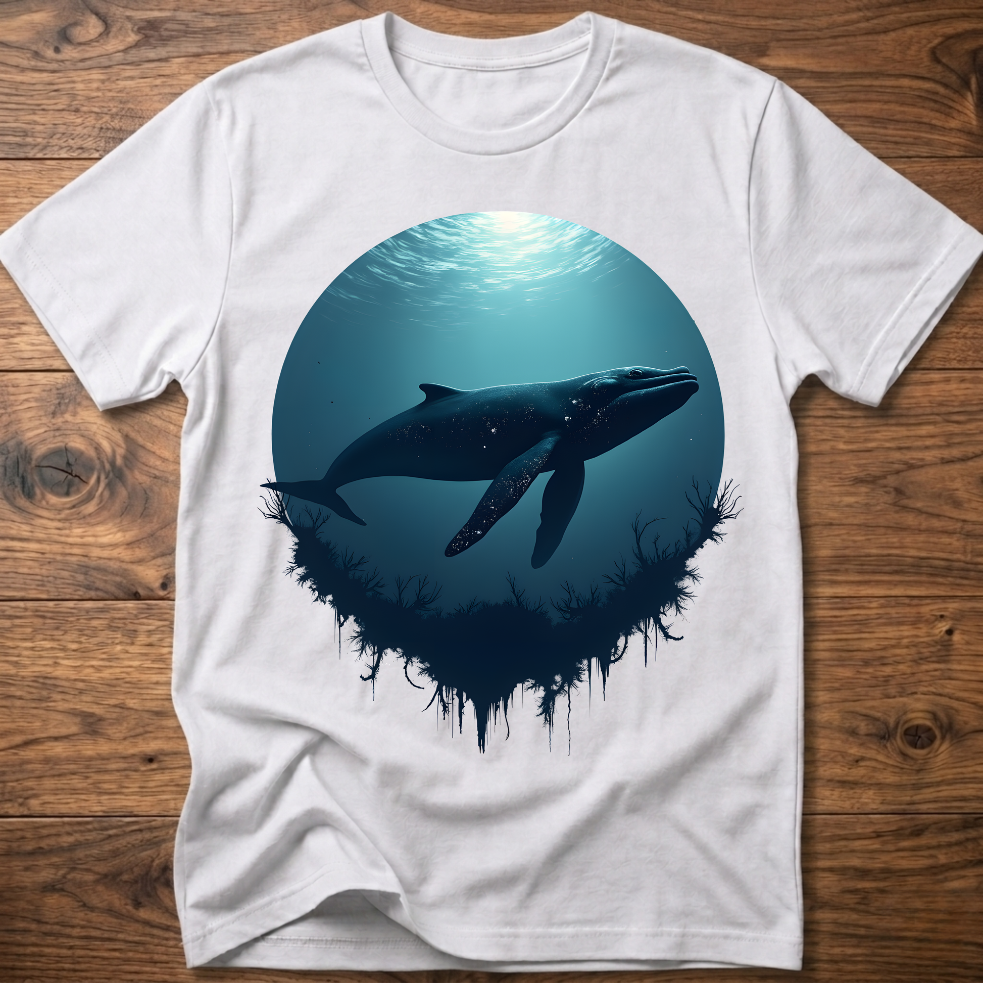 White T-shirt with teal ocean sun and dark whale graphic