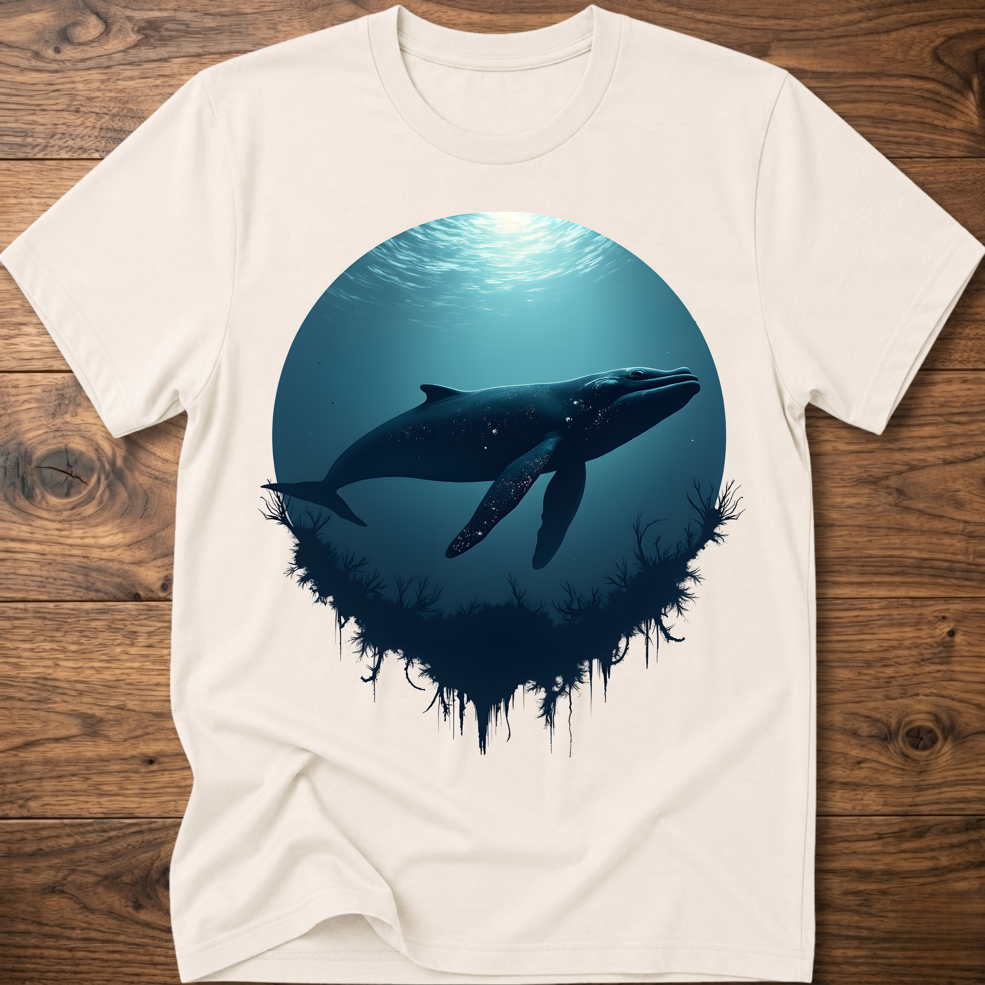 Cream white T-shirt with teal ocean sun and dark whale graphic