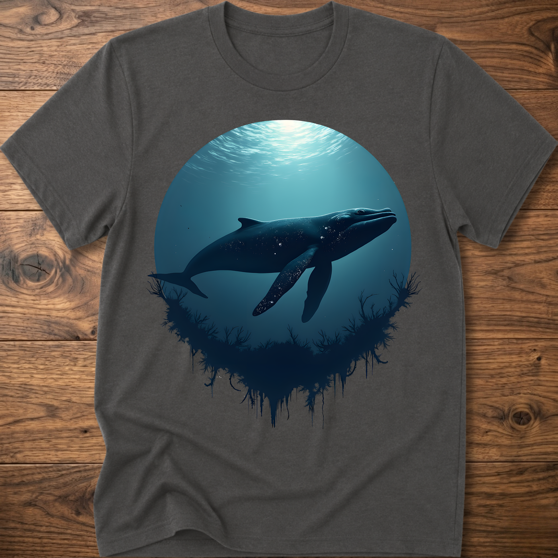 Charcoal gray T-shirt with teal ocean sun and dark whale graphic