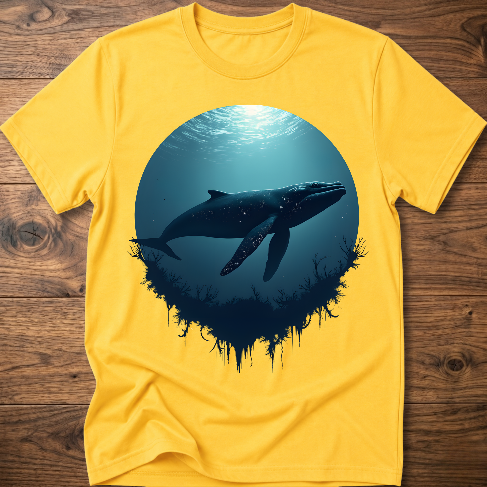 Yellow T-shirt with teal ocean sun and dark whale graphic