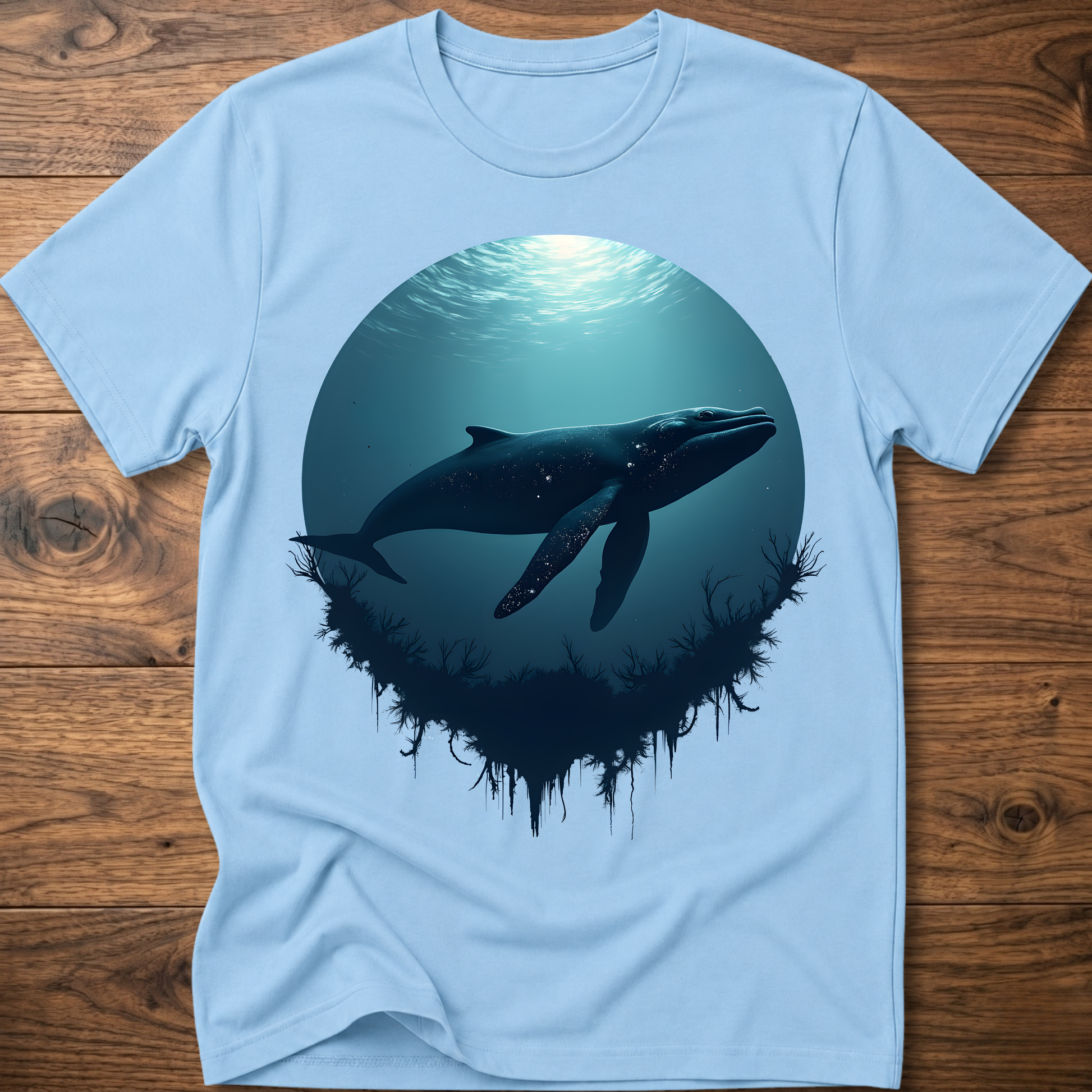 Light blue T-shirt with teal ocean sun and dark whale graphic