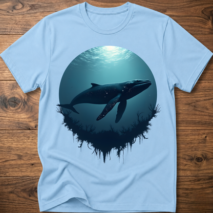 Light blue T-shirt with teal ocean sun and dark whale graphic