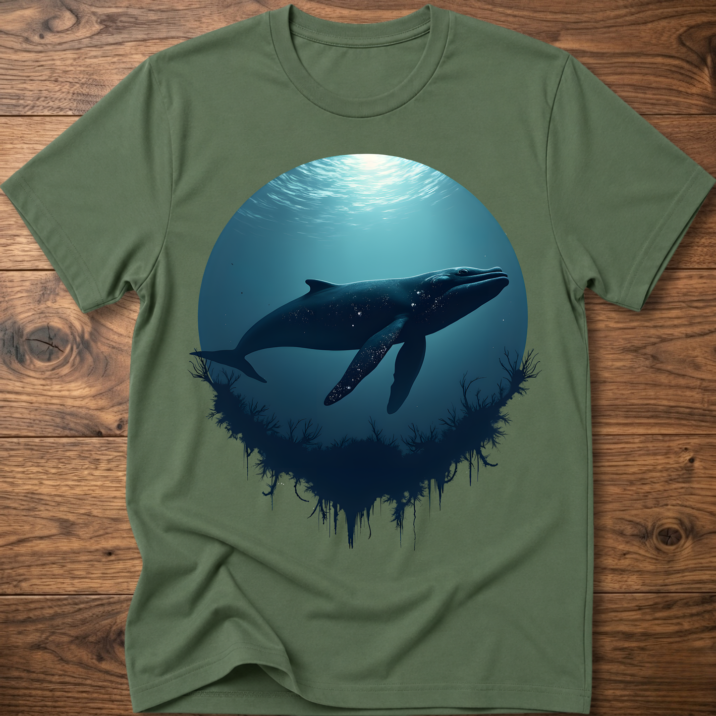 Forest green T-shirt with teal ocean sun and dark whale graphic