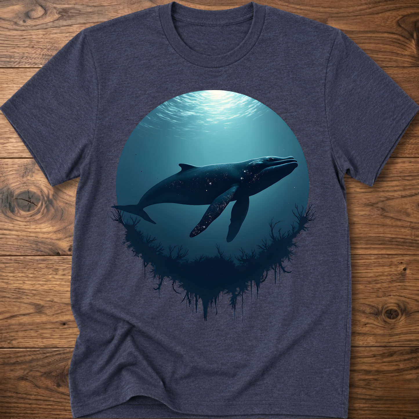 Slate blue T-shirt with teal ocean sun and dark whale graphic