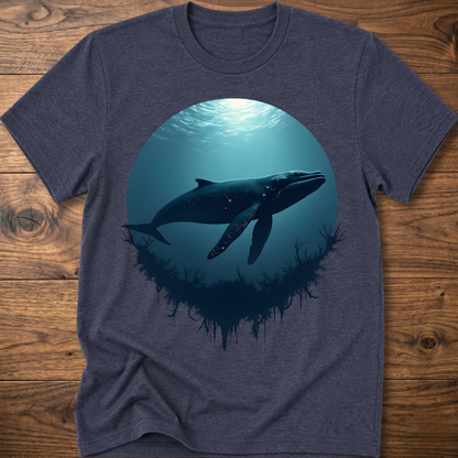 Slate blue T-shirt with teal ocean sun and dark whale graphic