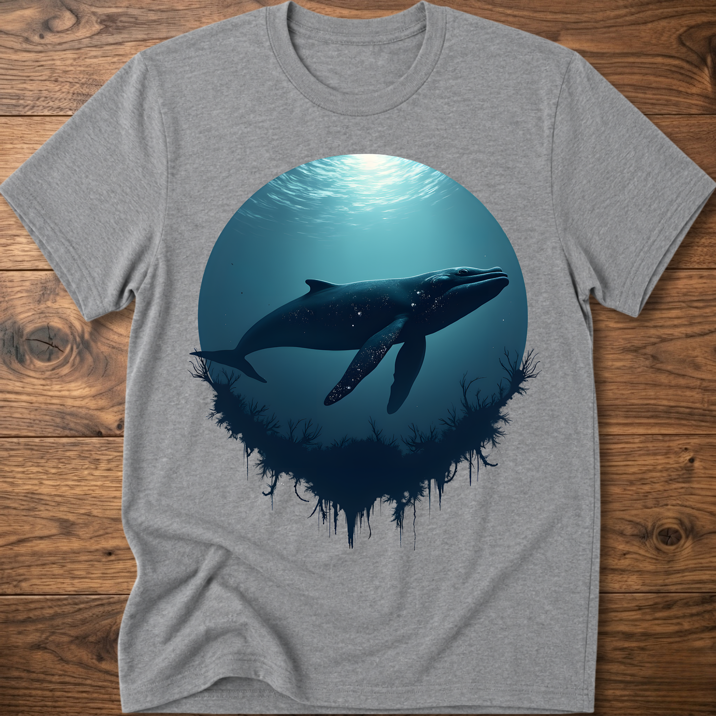 Medium gray T-shirt with teal ocean sun and dark whale graphic