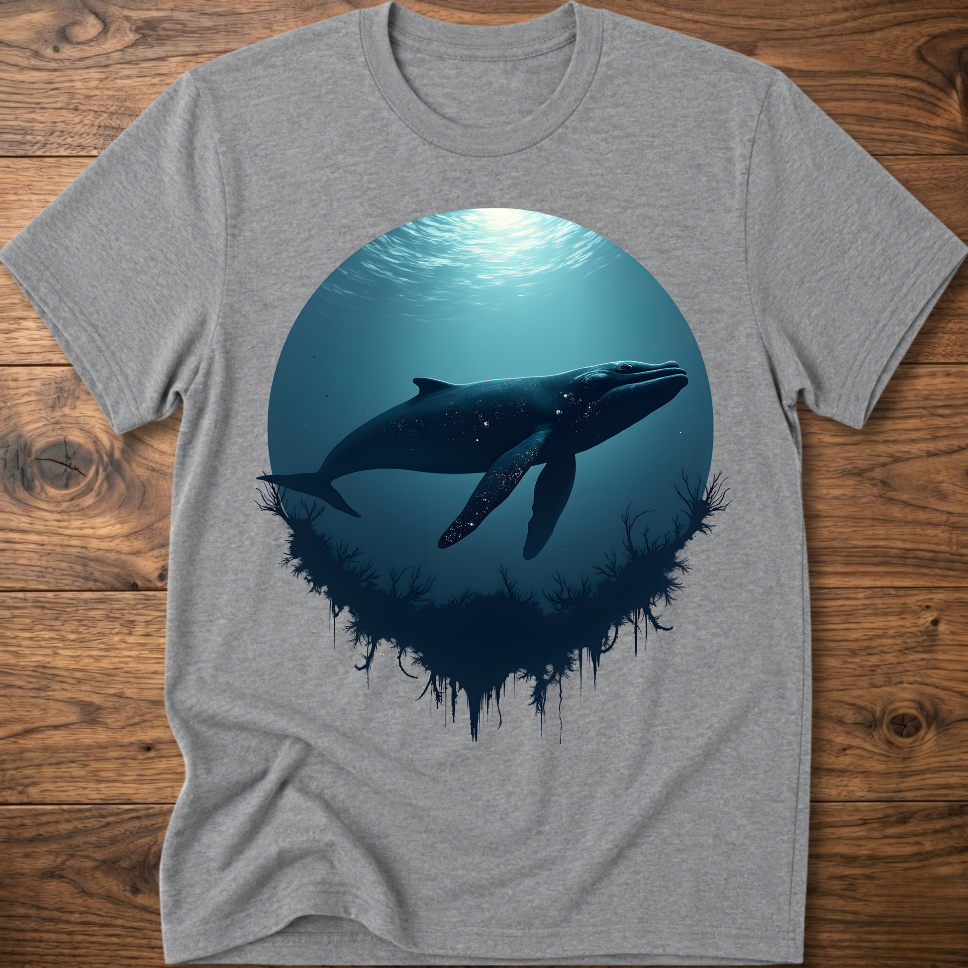 Medium gray T-shirt with teal ocean sun and dark whale graphic