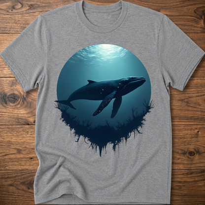 Medium gray T-shirt with teal ocean sun and dark whale graphic