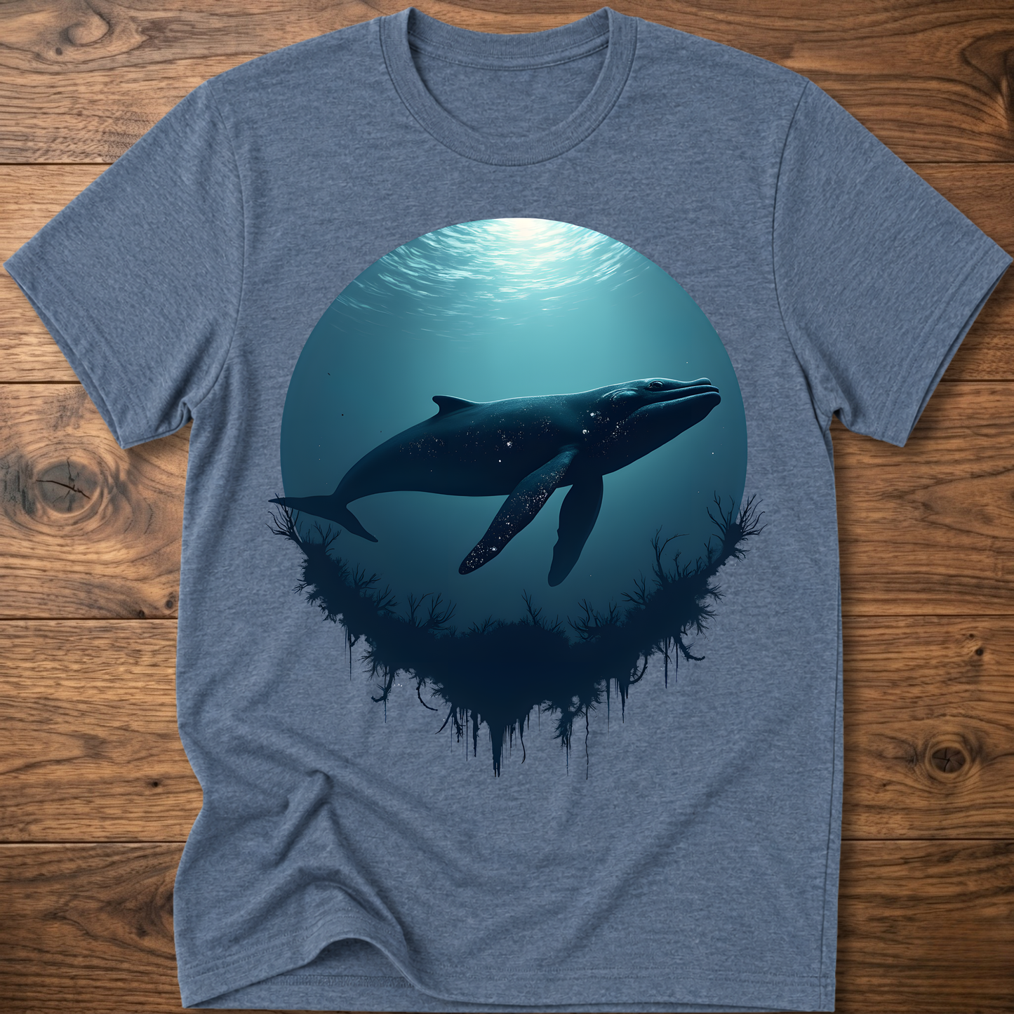 Heather blue T-shirt with teal ocean sun and dark whale graphic