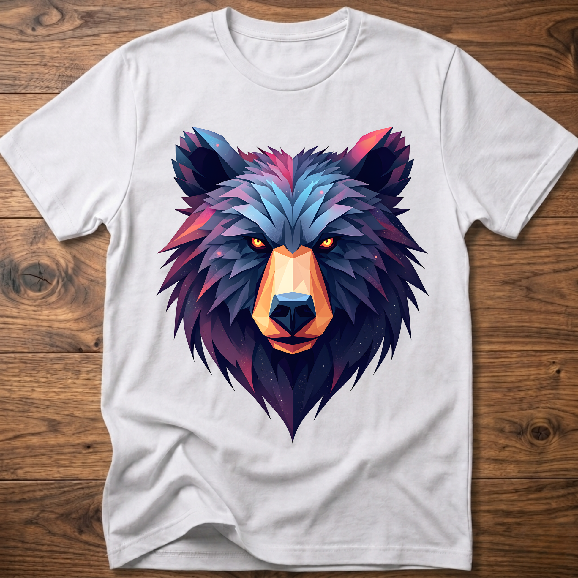 White crewneck t-shirt with multicolor geometric bear head front print