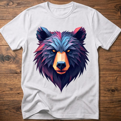White crewneck t-shirt with multicolor geometric bear head front print