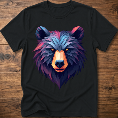 Black crewneck t-shirt with multicolor geometric bear head front print
