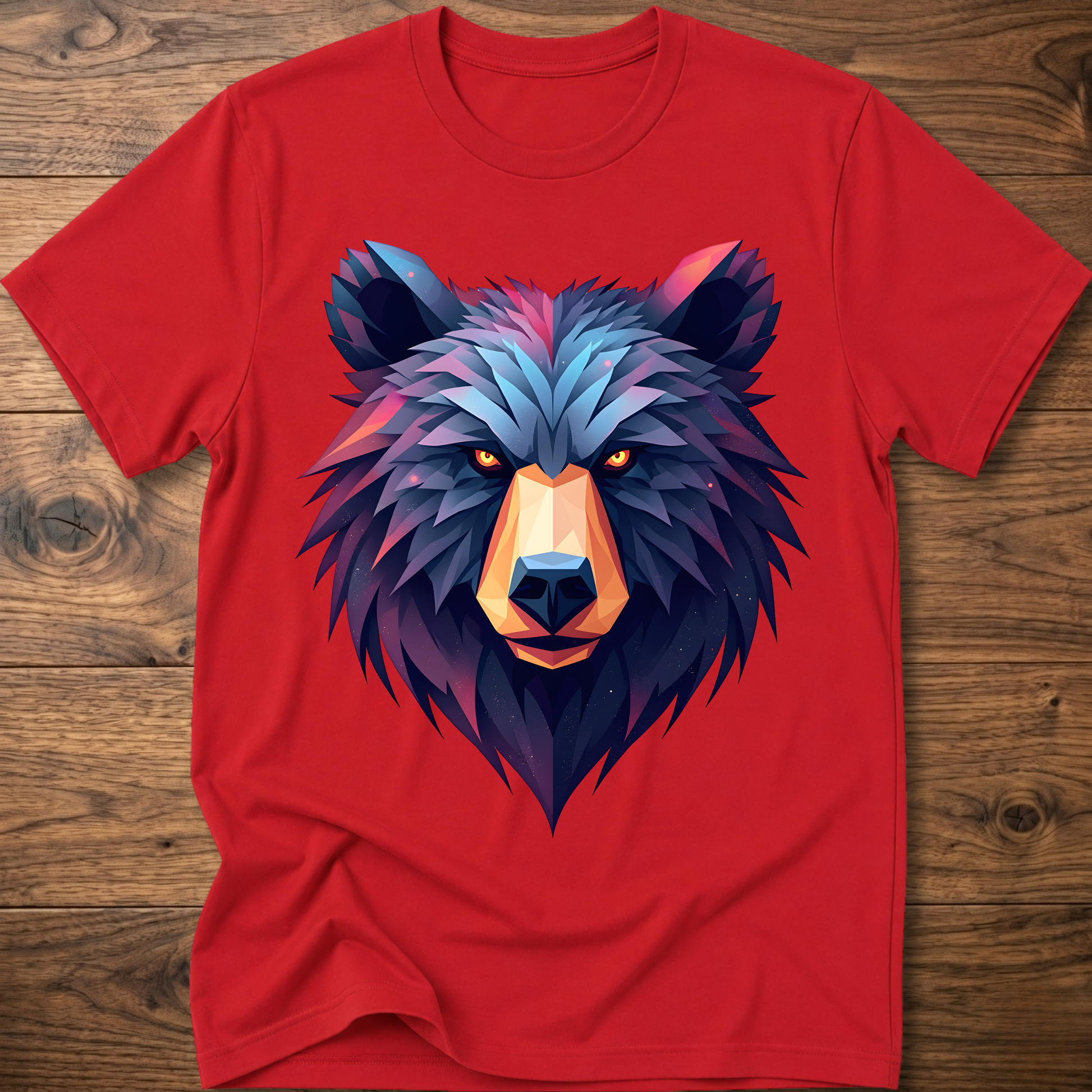 Red crewneck t-shirt with multicolor geometric bear head front print