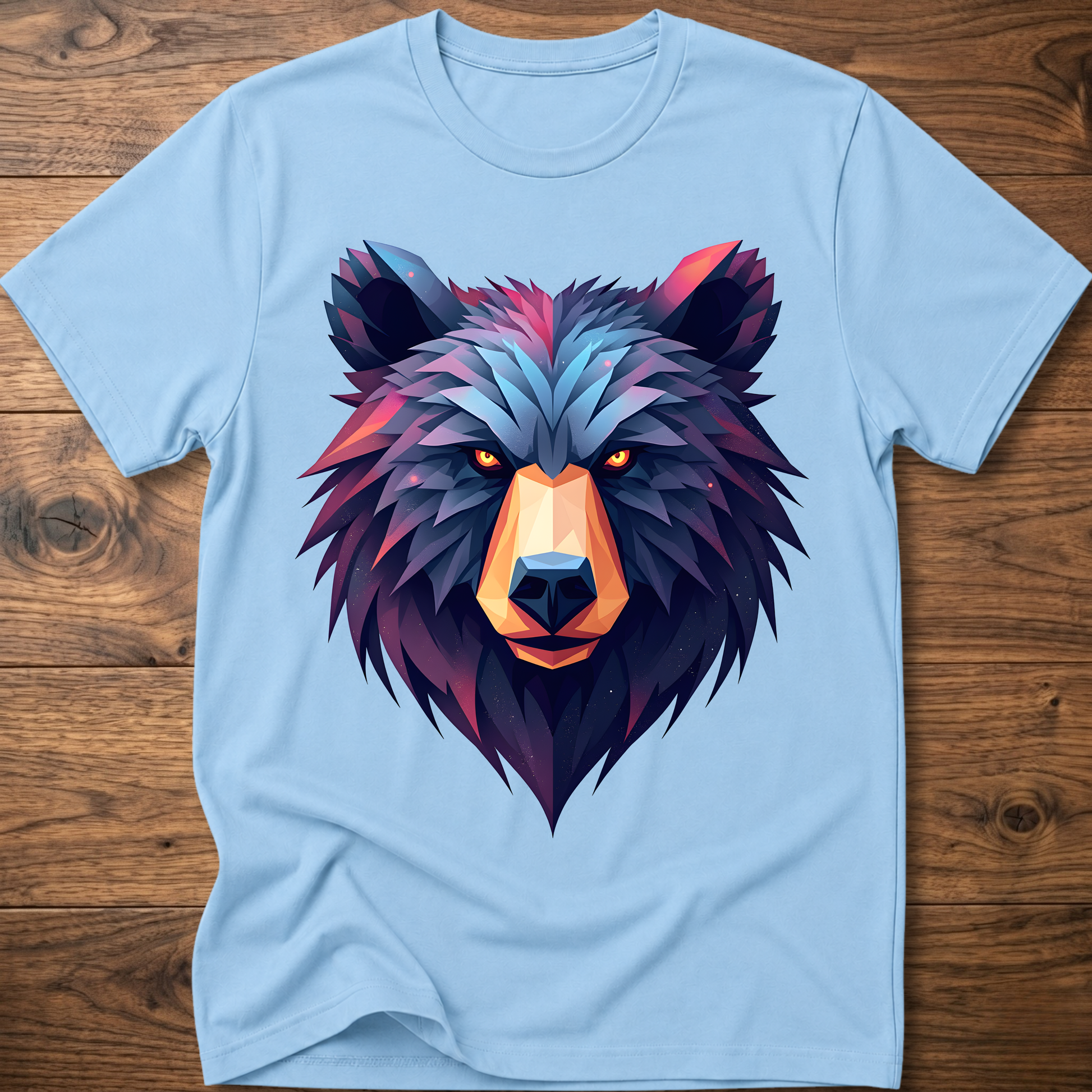 Light blue crew-neck T-shirt with geometric bear face graphic, short sleeves