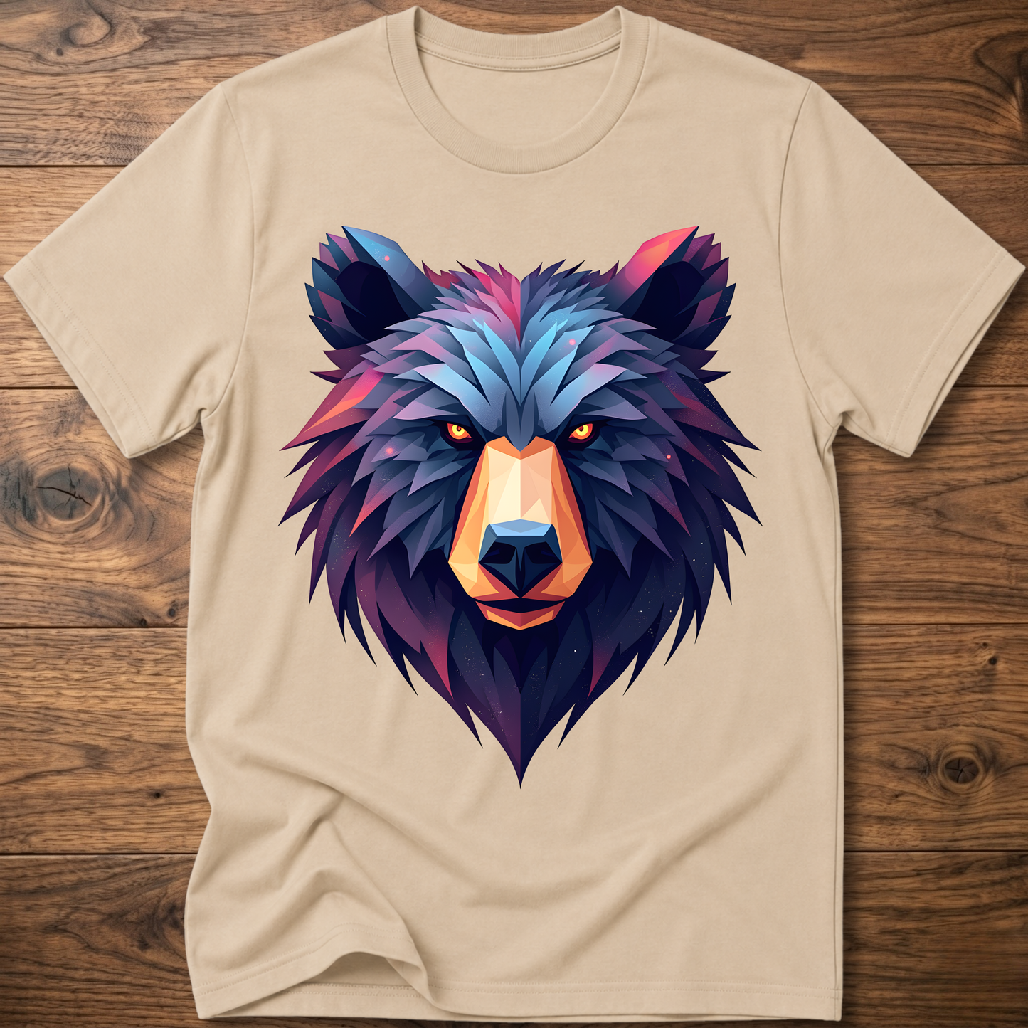 Sand crewneck t-shirt with multicolor geometric bear head front print