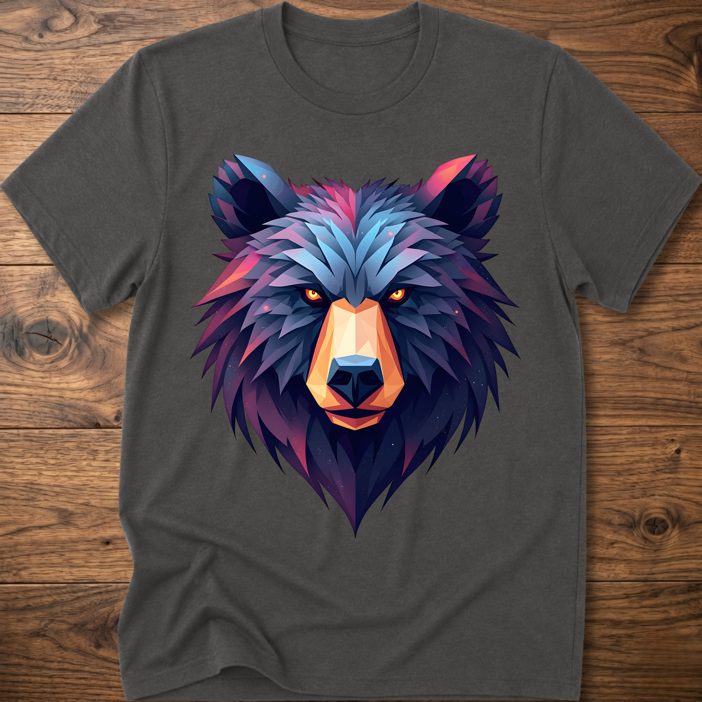 Charcoal crewneck t-shirt with multicolor geometric bear head front print