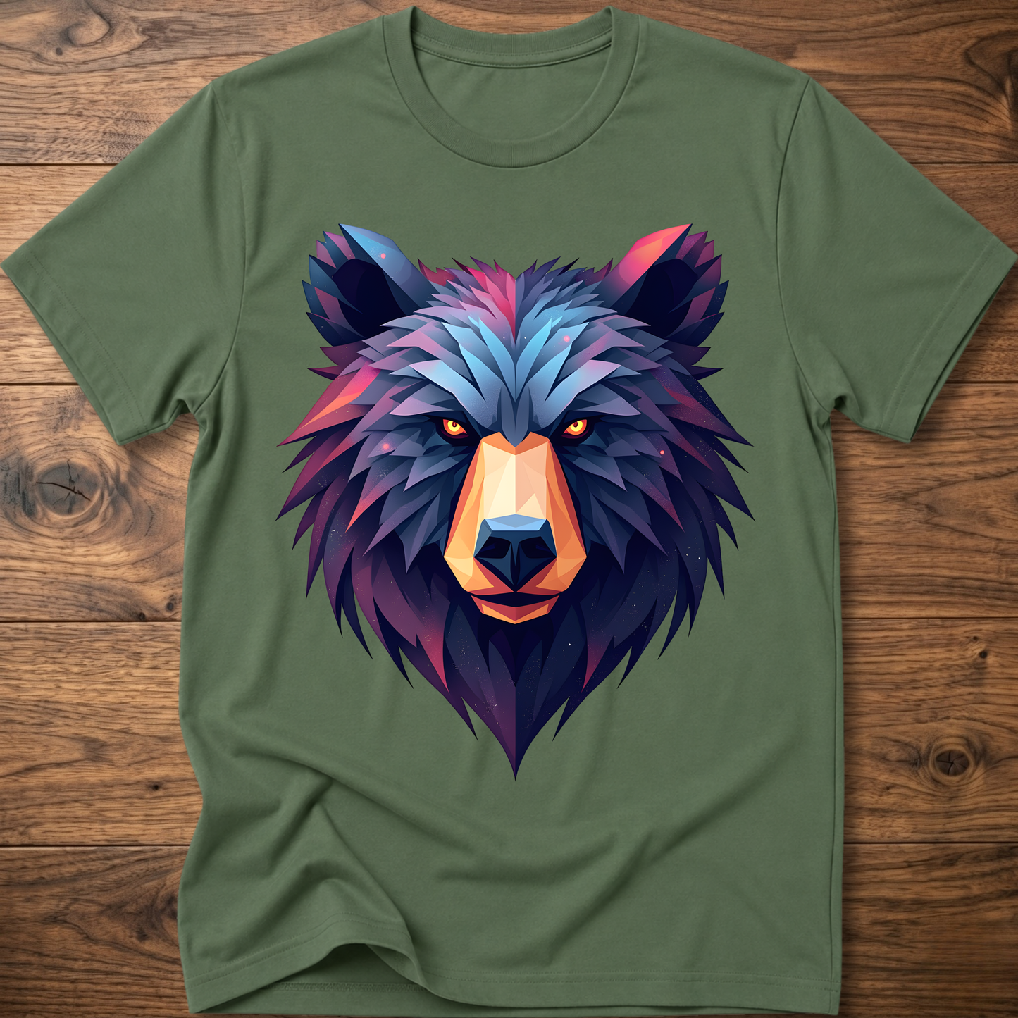 Military green crewneck t-shirt with multicolor geometric bear head front print