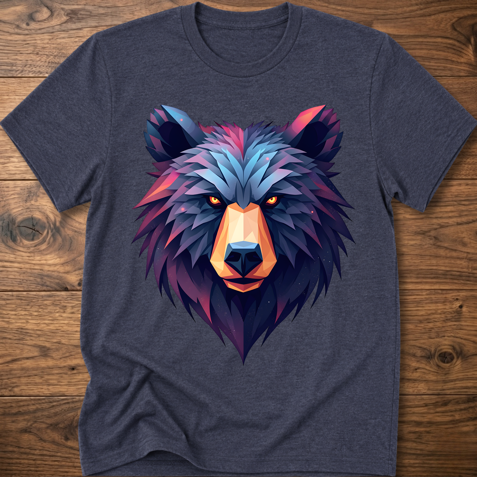 Heather navy crewneck t-shirt with multicolor geometric bear head front print