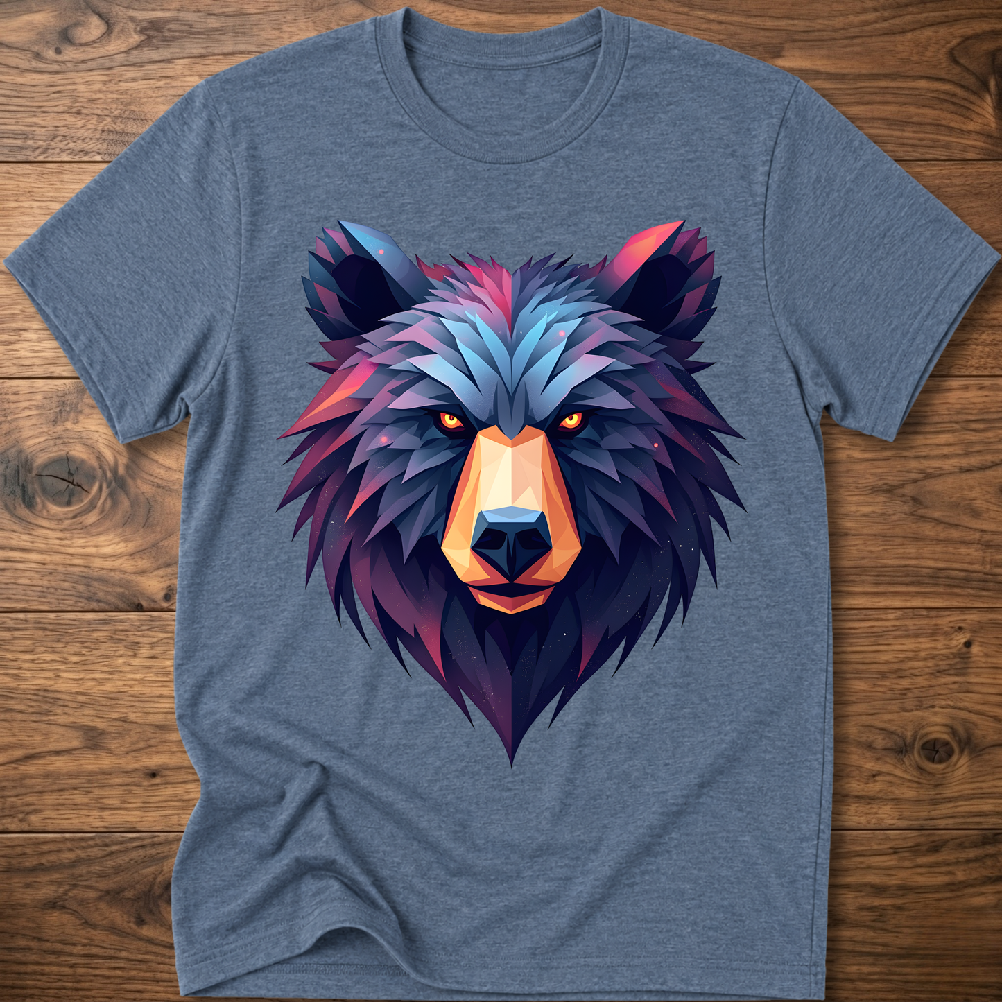 Light blue crewneck t-shirt with multicolor geometric bear head front print