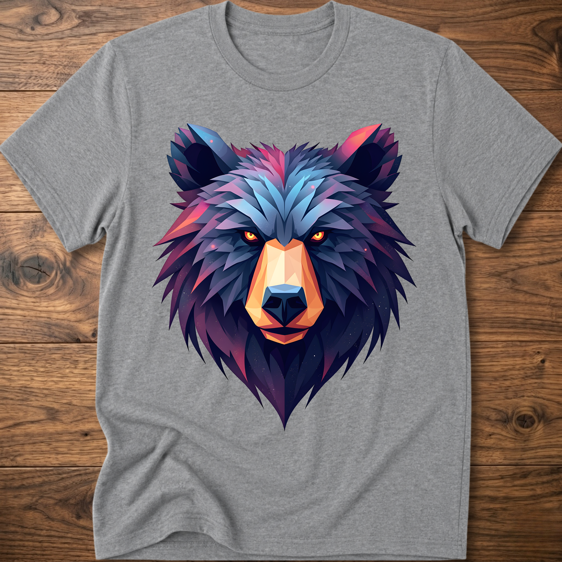 Heather gray crewneck t-shirt with multicolor geometric bear head front print