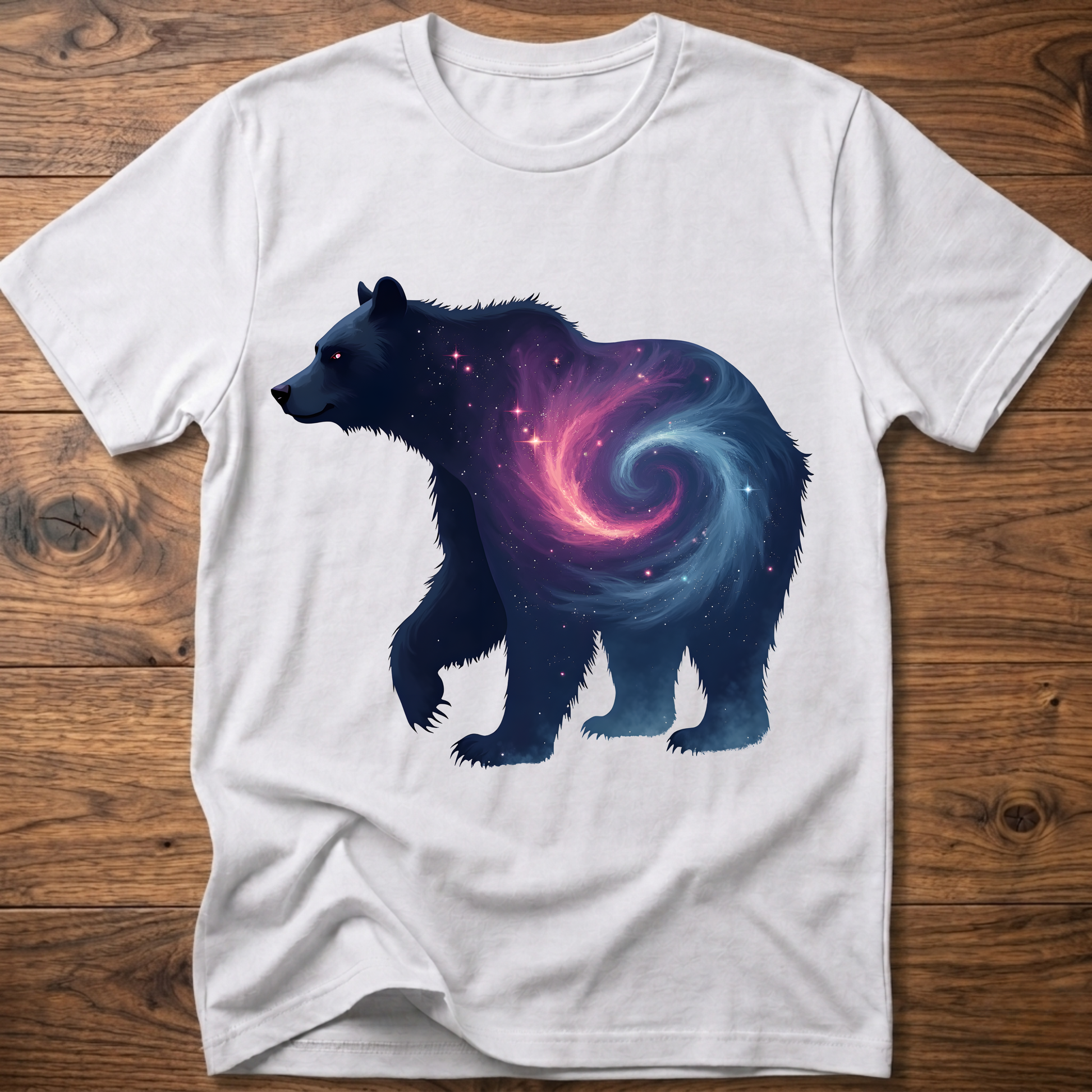 White graphic bear T-shirt with galaxy swirl artwork