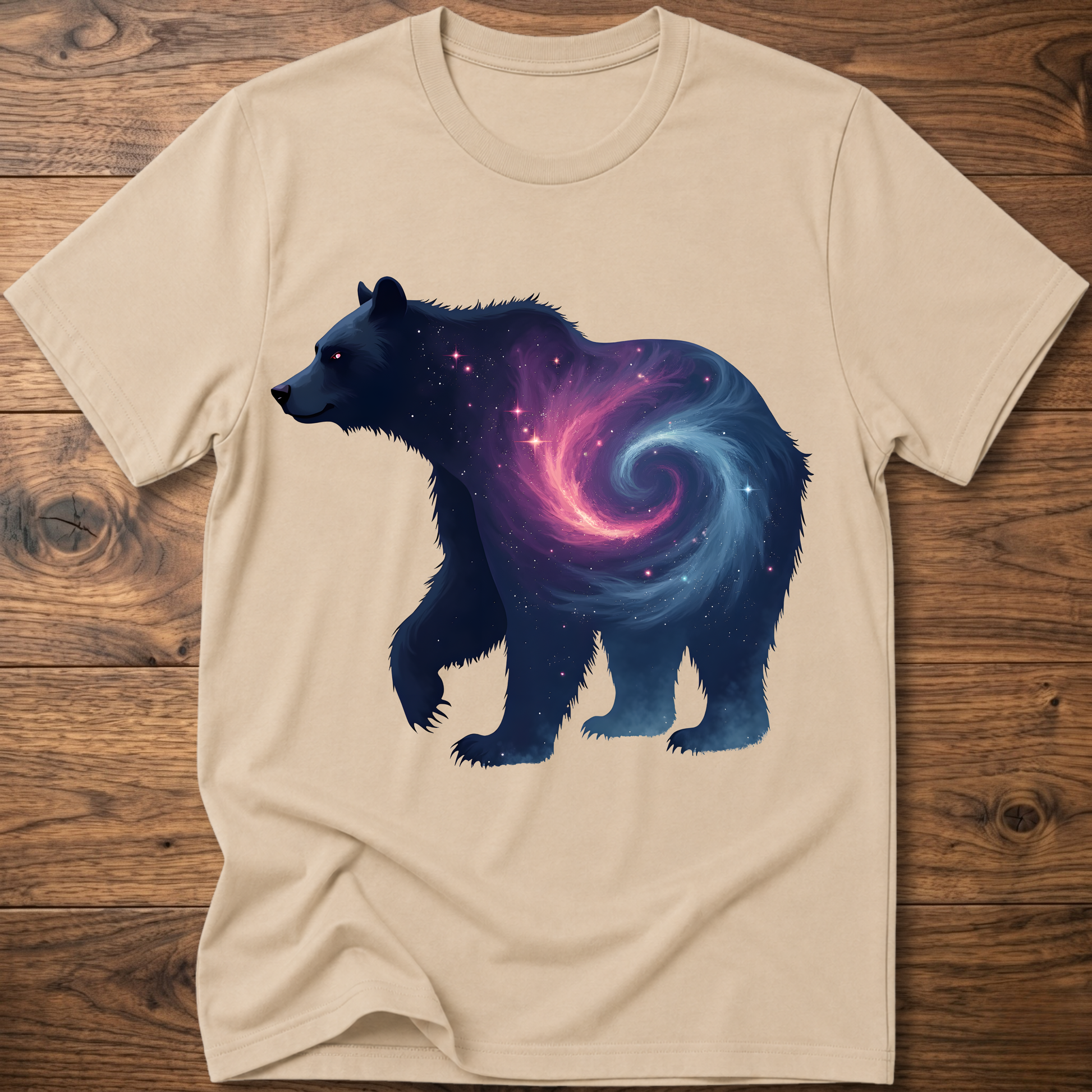 Sand graphic bear T-shirt with galaxy swirl artwork