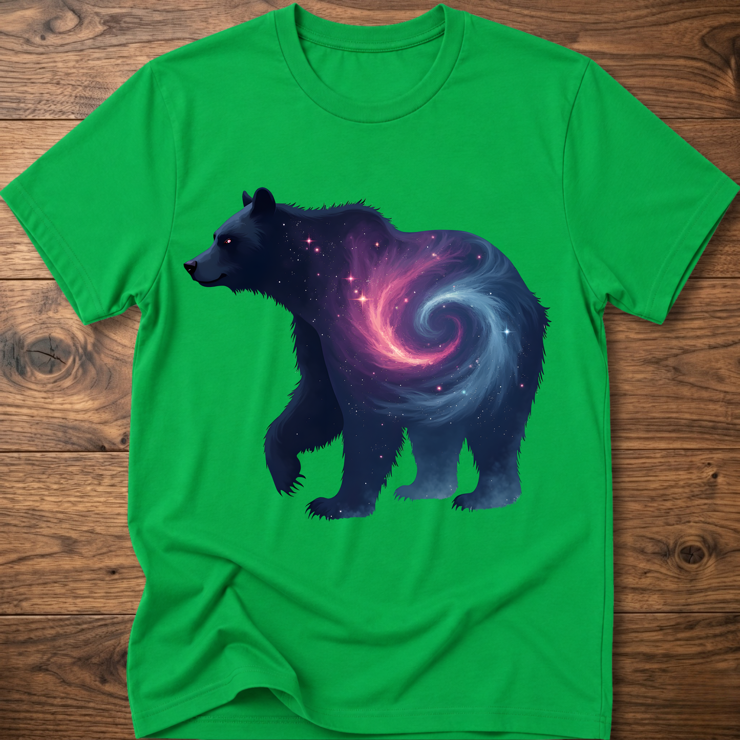 Bright green graphic bear T-shirt with galaxy swirl artwork