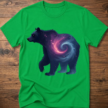 Bright green graphic bear T-shirt with galaxy swirl artwork