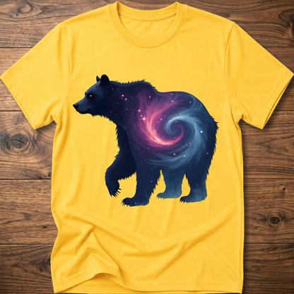 Yellow graphic bear T-shirt with galaxy swirl artwork