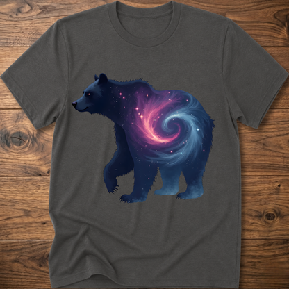 Dark gray graphic bear T-shirt with galaxy swirl artwork