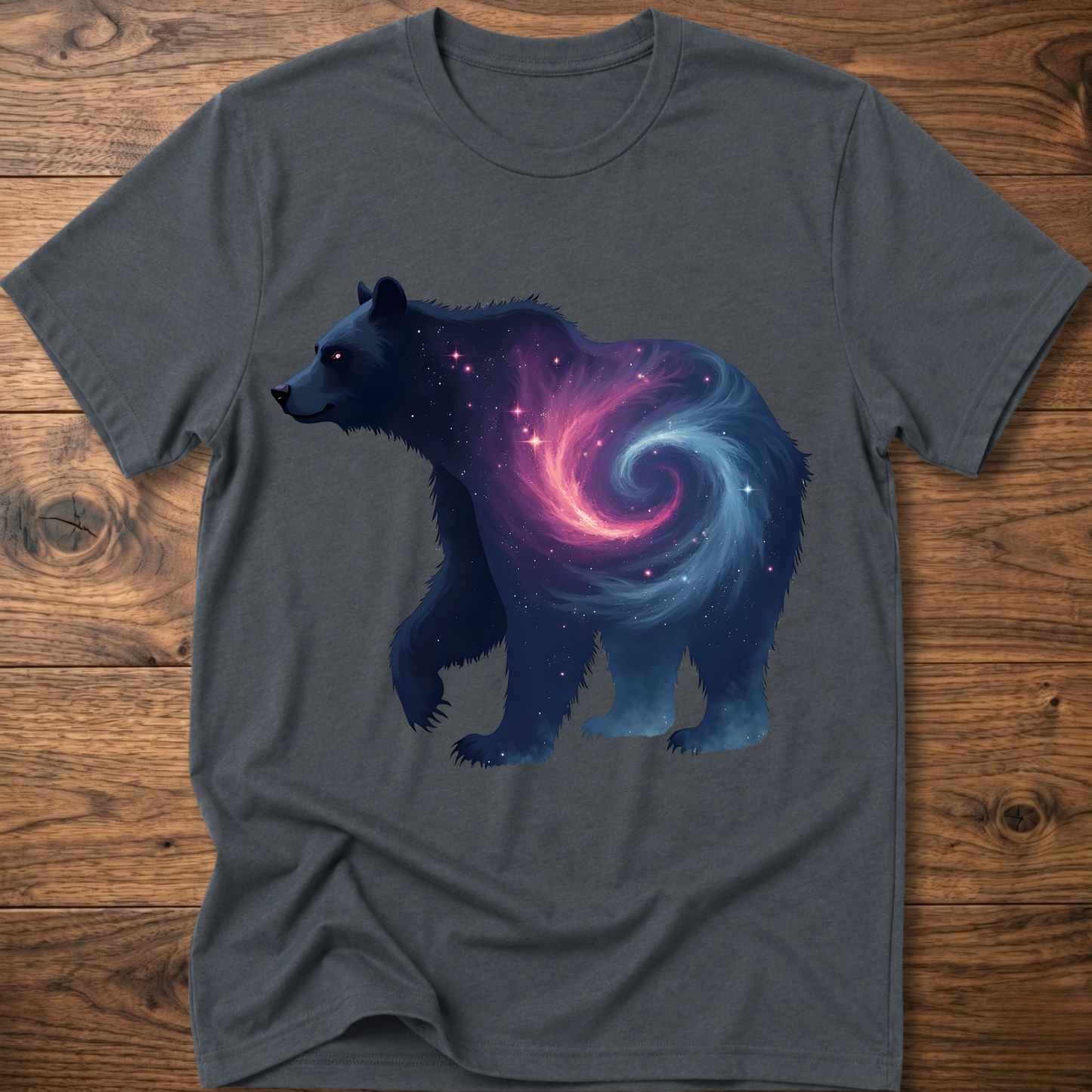 Charcoal graphic bear T-shirt with galaxy swirl artwork
