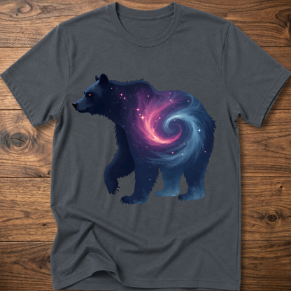 Charcoal graphic bear T-shirt with galaxy swirl artwork
