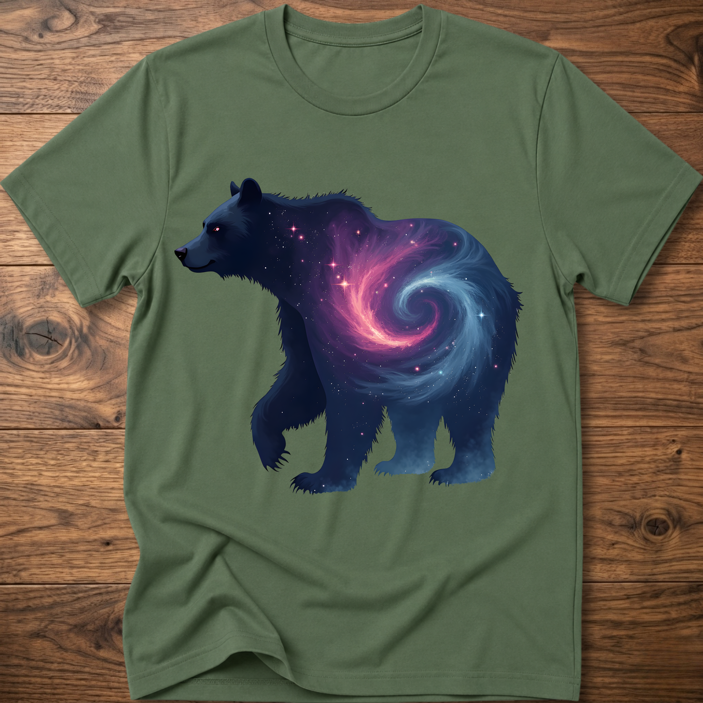 Forest green graphic bear T-shirt with galaxy swirl artwork