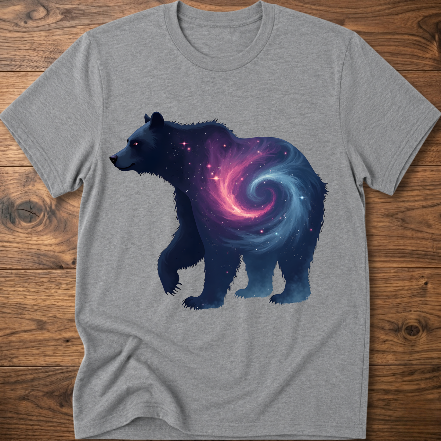 Heather gray graphic bear T-shirt with galaxy swirl artwork