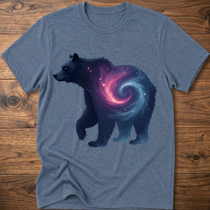 Blue-gray graphic bear T-shirt with galaxy swirl artwork