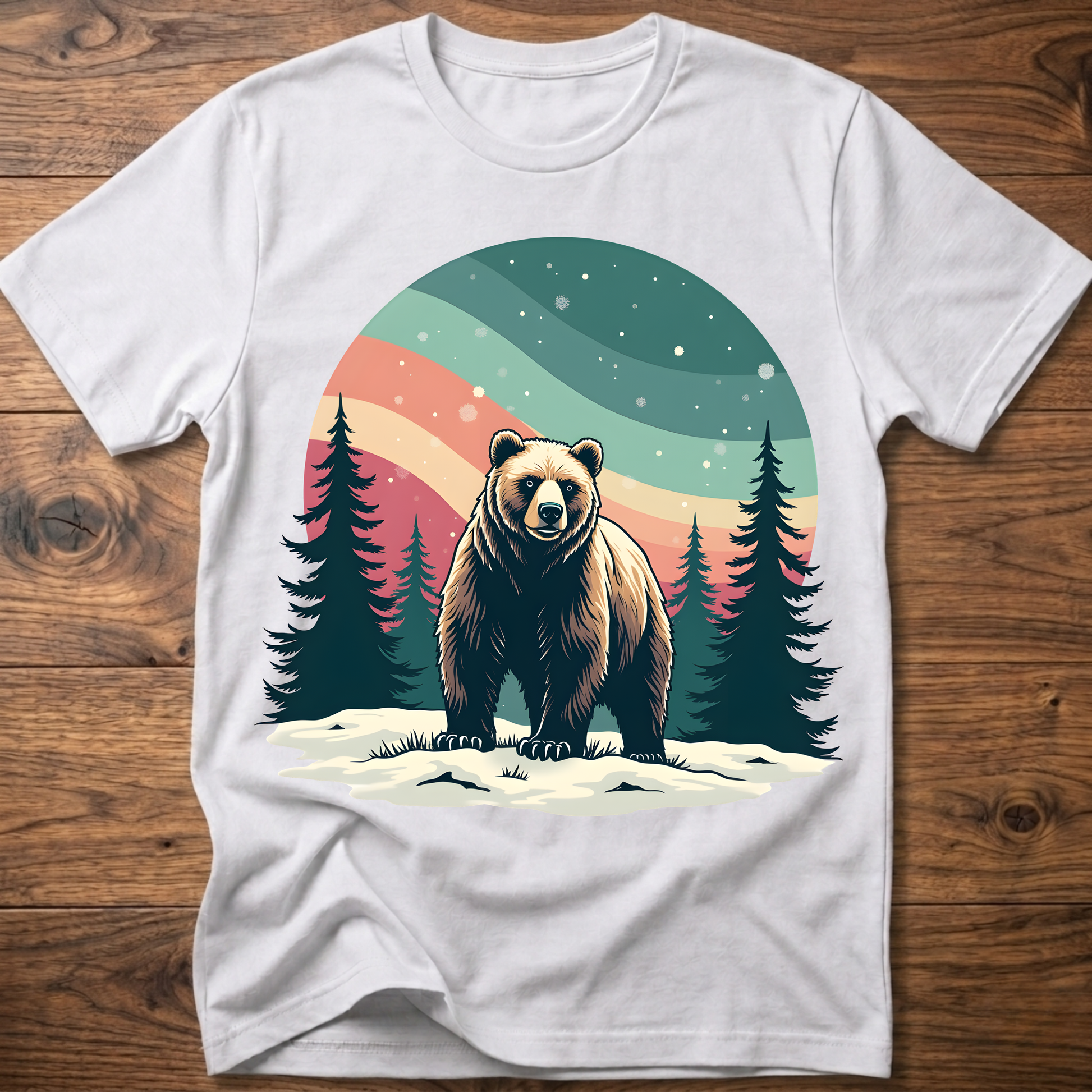 Vintage bear t-shirt in white with colorful forest moon graphic
