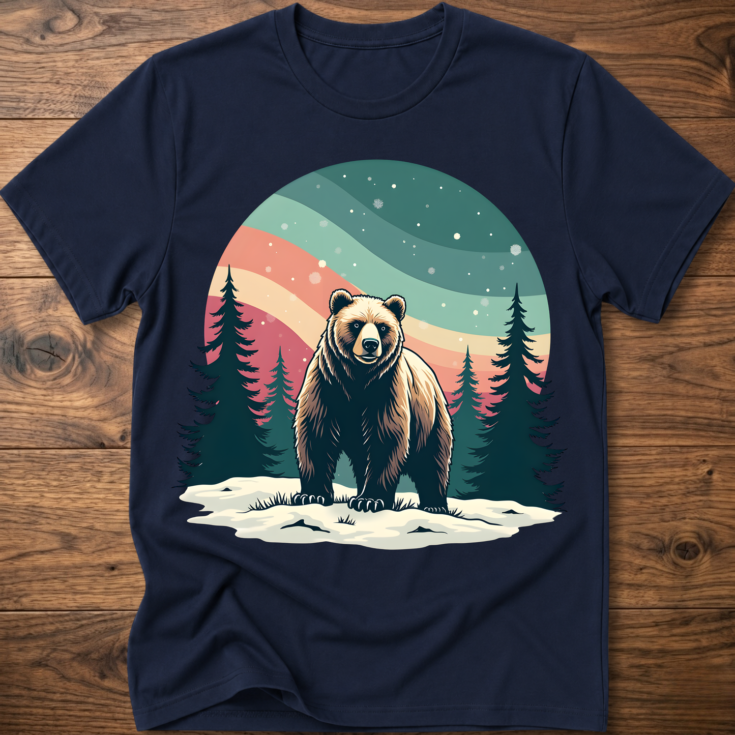 Navy vintage bear graphic t-shirt with snowy pine forest scene