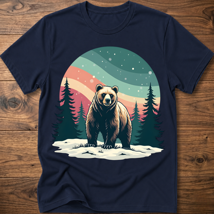 Navy vintage bear graphic t-shirt with snowy pine forest scene