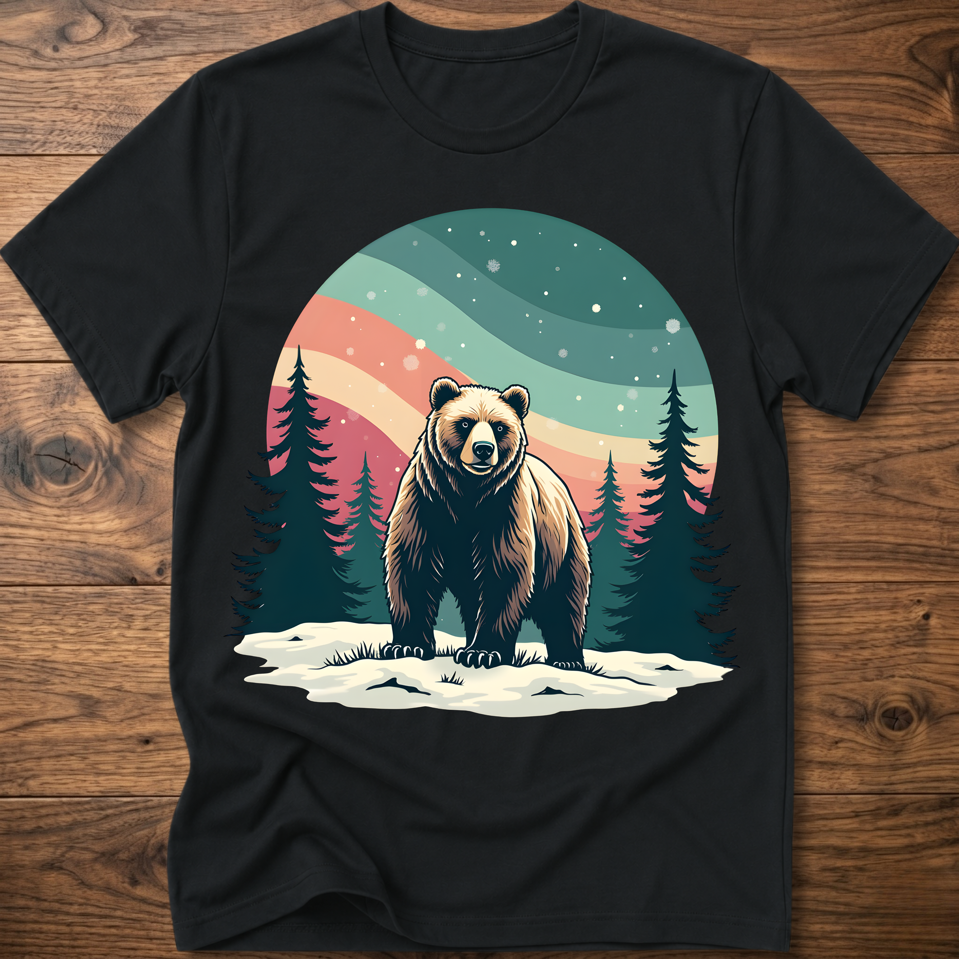 Vintage bear t-shirt in black with colorful forest moon graphic