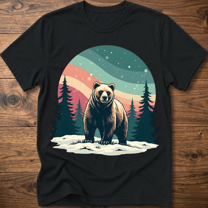 Vintage bear t-shirt in black with colorful forest moon graphic