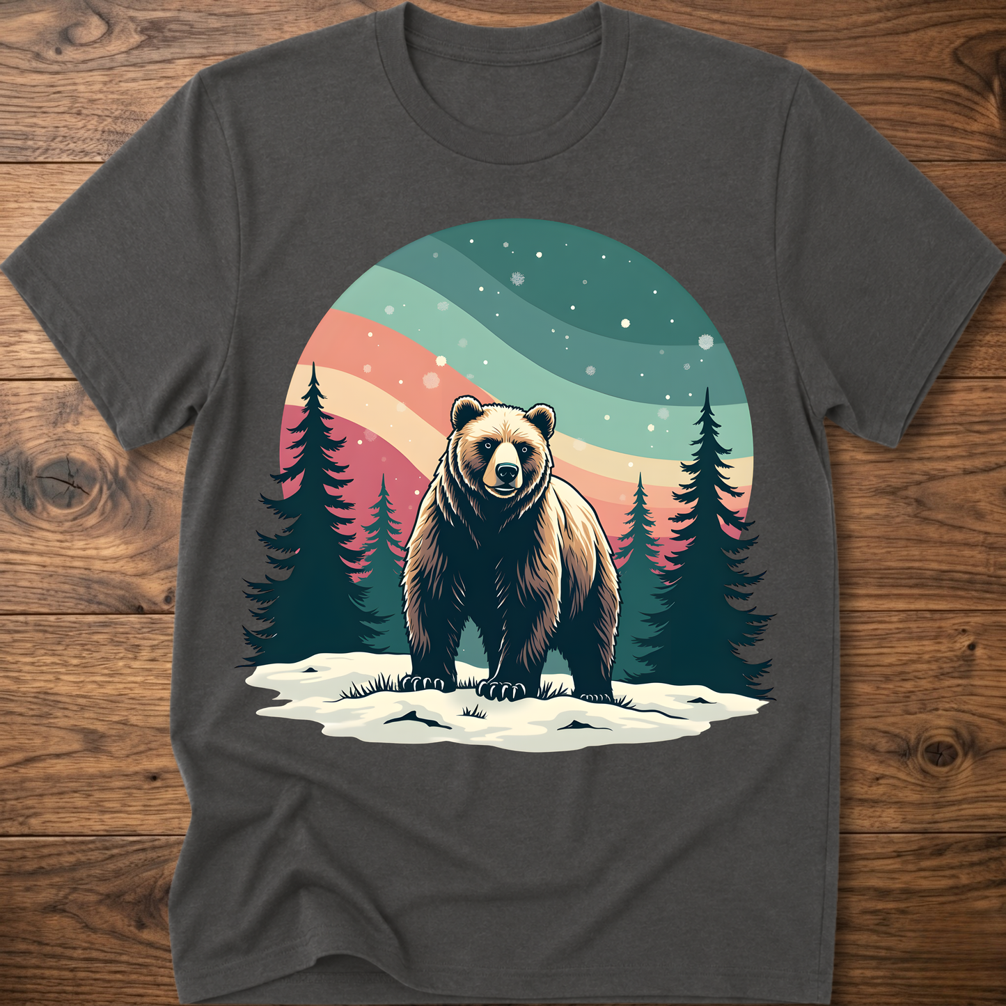 Vintage bear t-shirt in charcoal with colorful forest moon graphic