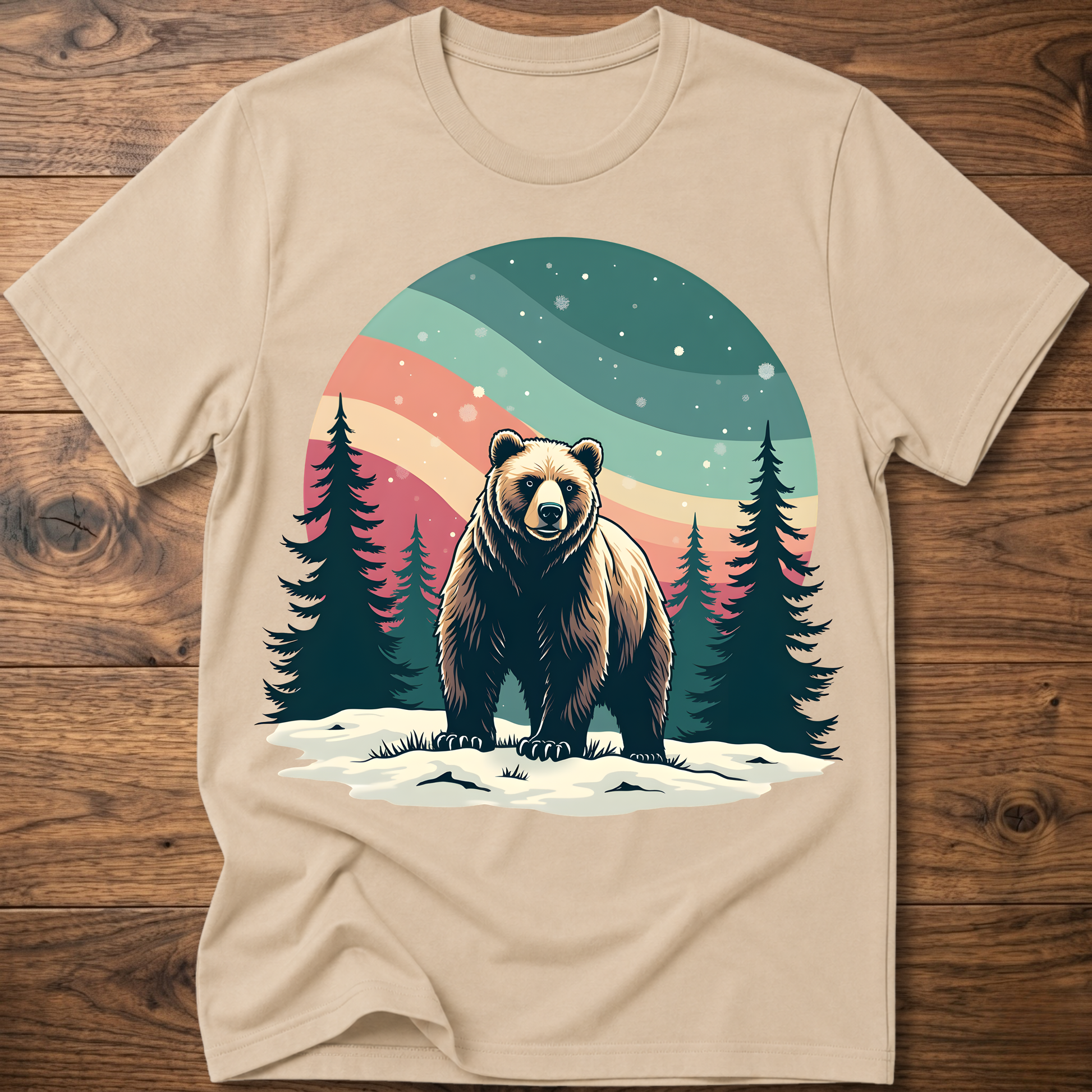 Vintage bear t-shirt in sand/beige with colorful forest moon graphic