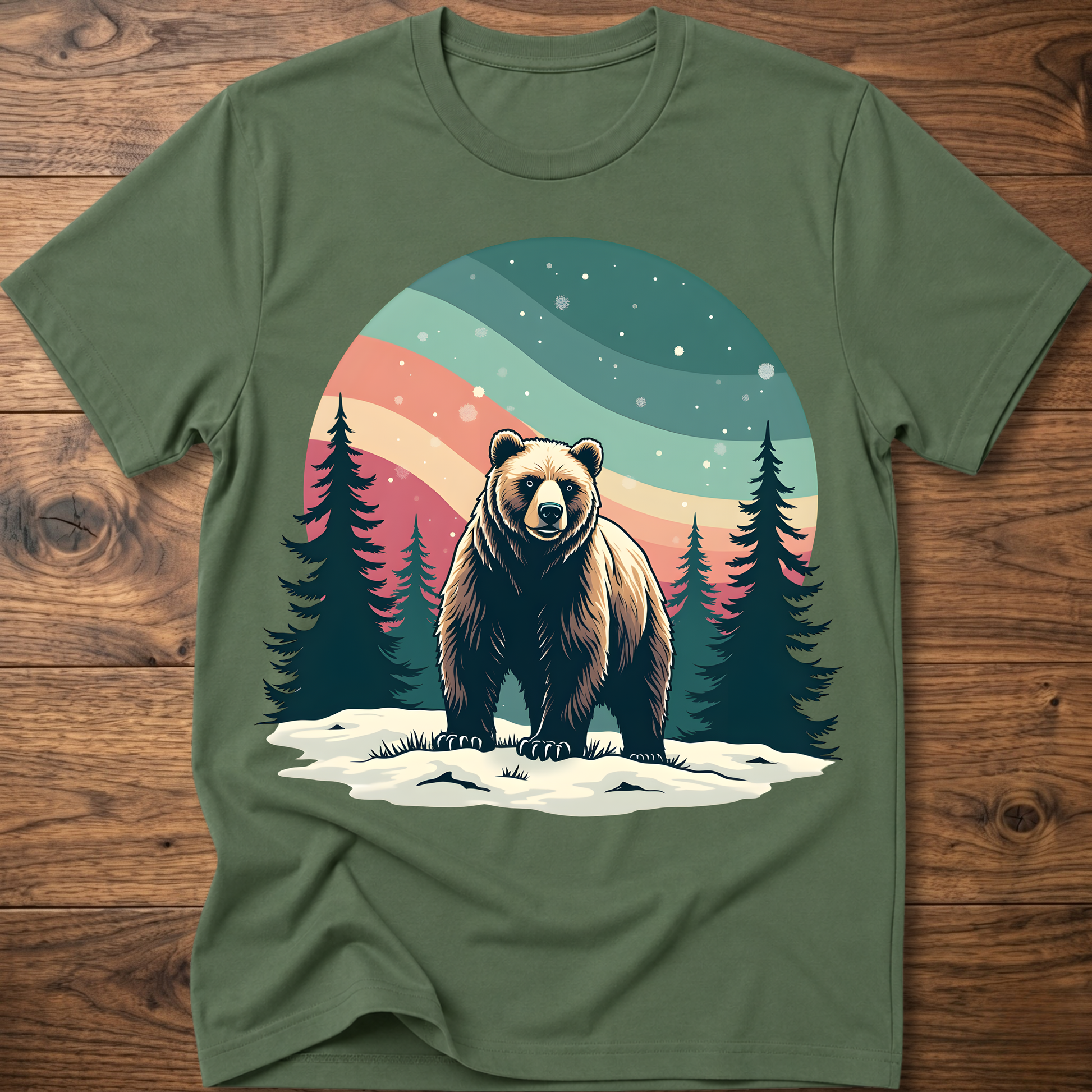 Vintage bear t-shirt in dark green with colorful forest moon graphic