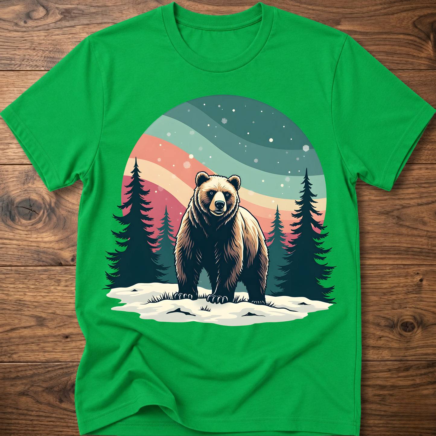 Vintage bear t-shirt in bright green with colorful forest moon graphic