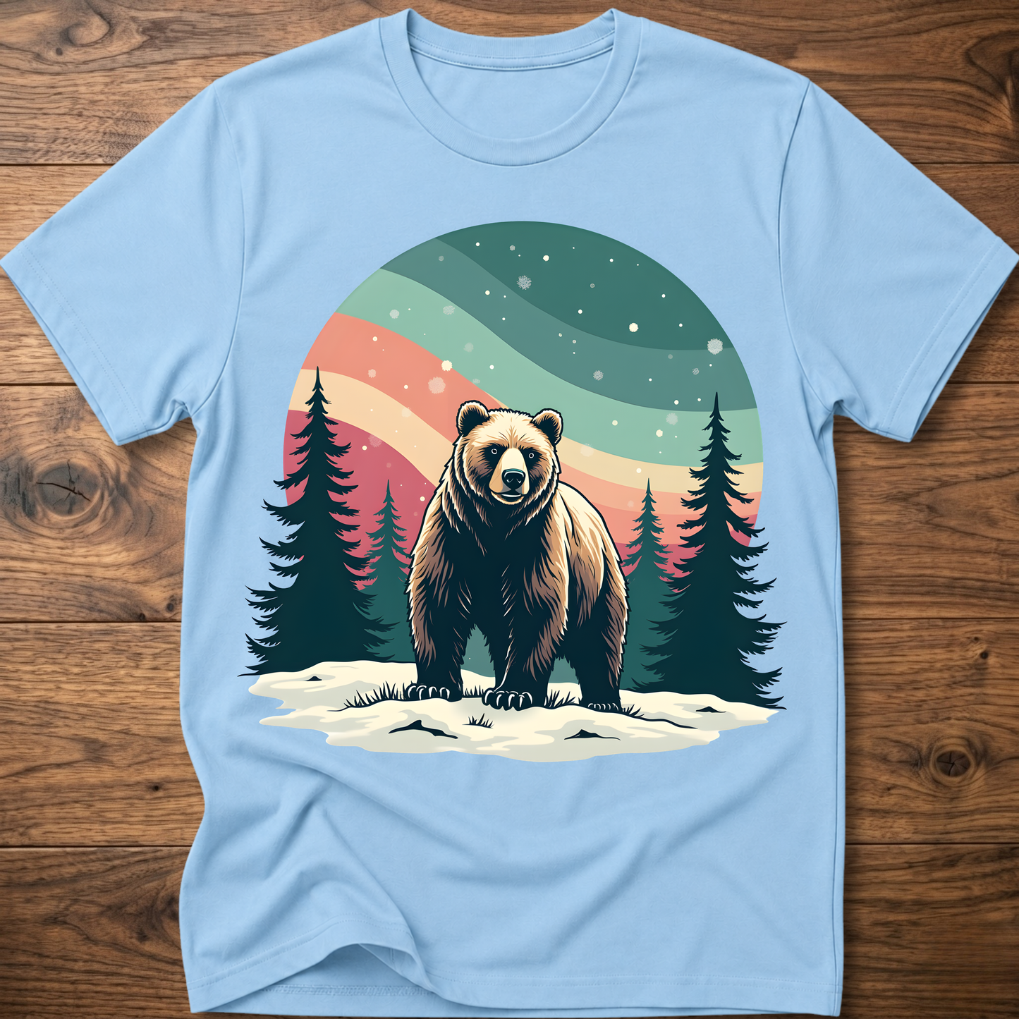 Vintage bear t-shirt in light blue with colorful forest moon graphic