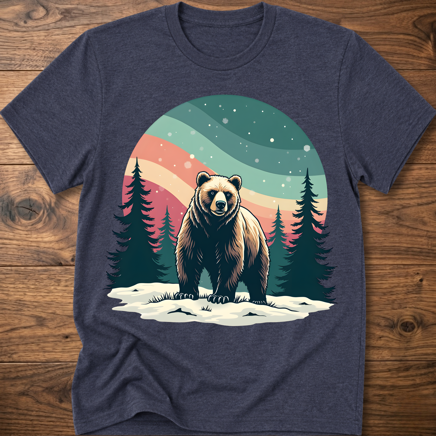 Vintage bear t-shirt in navy with colorful forest moon graphic