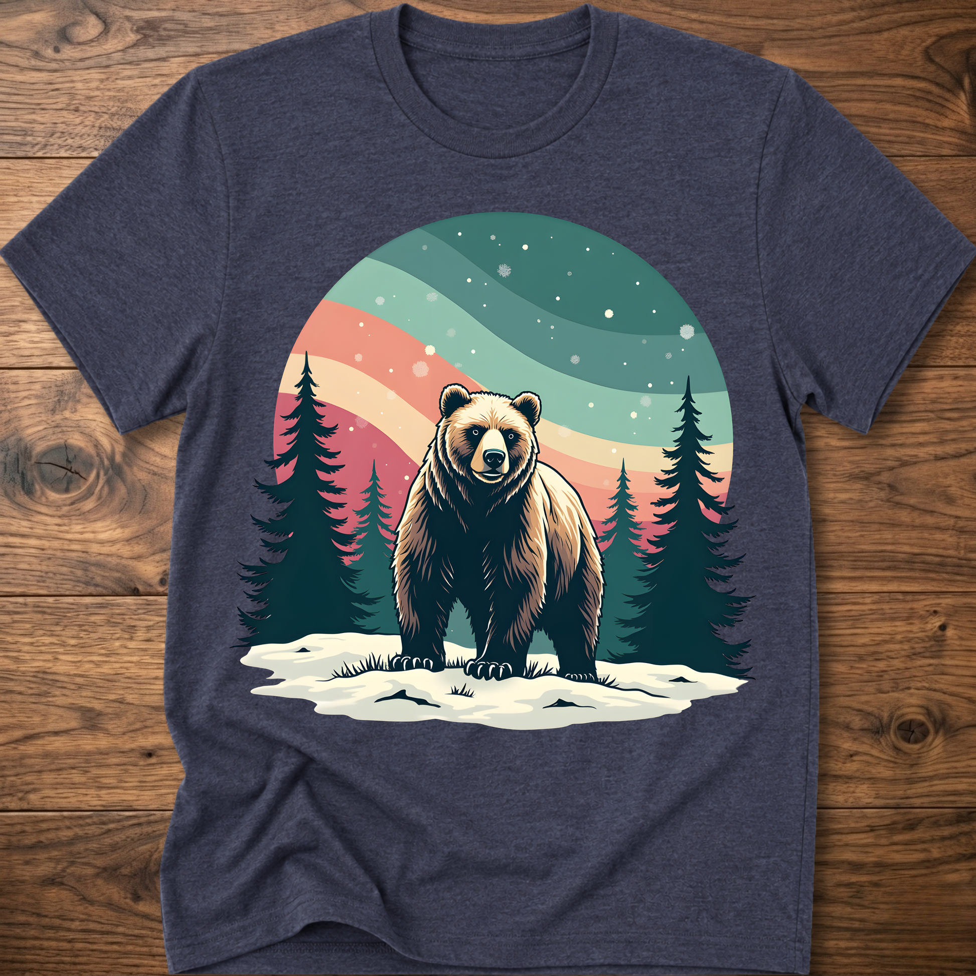 Vintage bear t-shirt in navy with colorful forest moon graphic